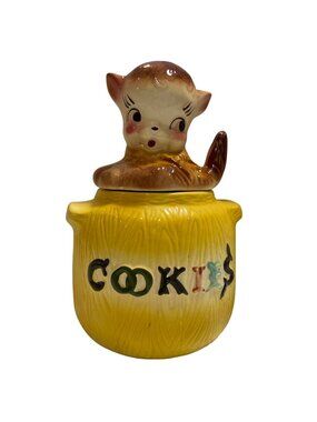 Vintage American Bisque cute Puppy Cookie Jar Yellow & Brown Ceramic made in USA